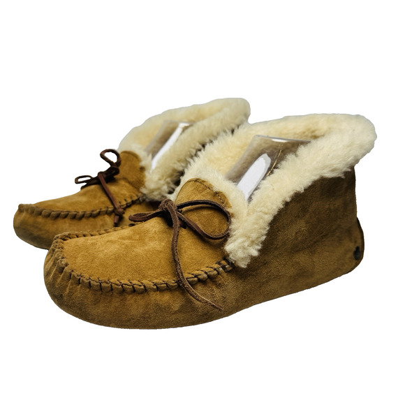 Ugg Alena Moccasins Ankle Slippers Shoes Womens Size 6 Tan Suede Shearling Lined - Picture 1 of 10